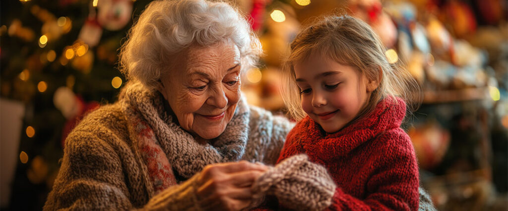 An elderly woman and a young girl sit together by a Christmas tree, both wearing cozy sweaters. The woman helps the girl knit, creating a warm and festive holiday atmosphere with twinkling lights in the background.